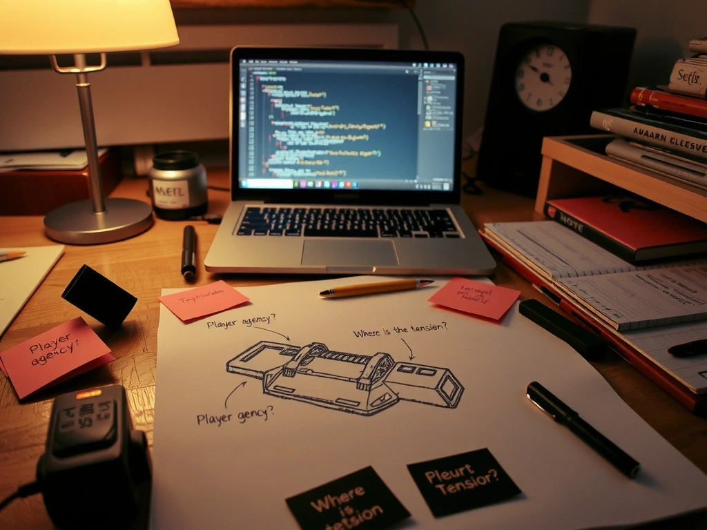 Creative lab bench with sketches, code, and notes